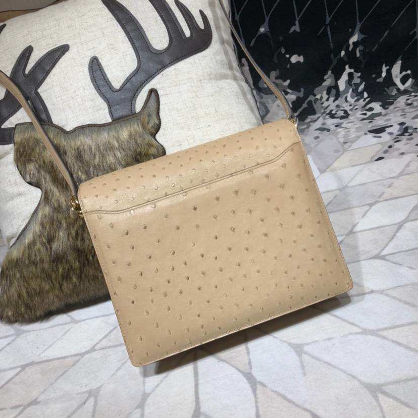 Hermes Roulis24CM 爱马仕羊毛白进口南非鸵鸟皮猪鼻子包斜挎女包  金扣