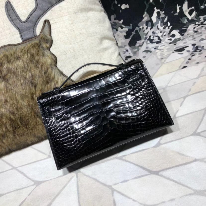 Hermes Mini Kelly 爱马仕黑色美洲鳄鱼皮迷你凯莉包手拿包 金扣