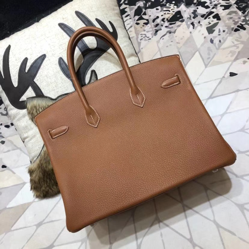 Hermes Birkin35CM 爱马仕土黄色法国小牛皮Birkin女包铂金包 银扣