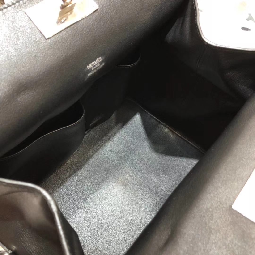 爱马仕牛奶包 Hermes Toolbox26CM 黑色原厂Swift牛皮手提女包 银扣