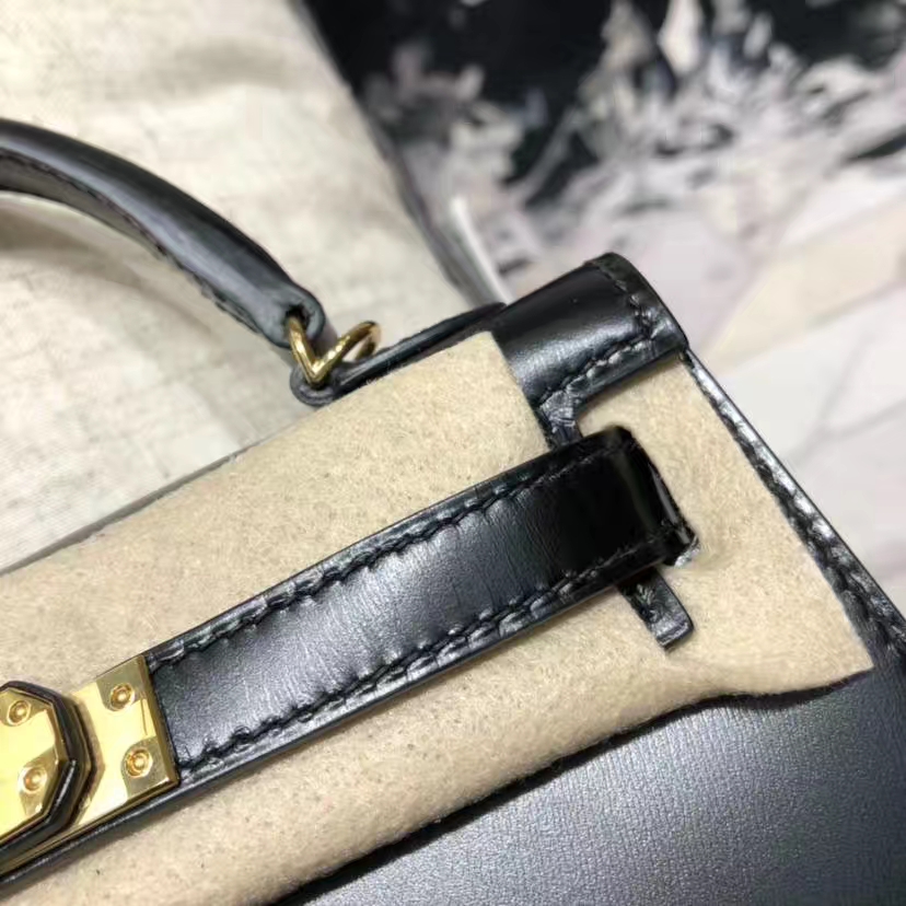 爱马仕迷你凯莉包2代 Hermes Minikelly2代 黑色原厂Box牛皮手包 金扣