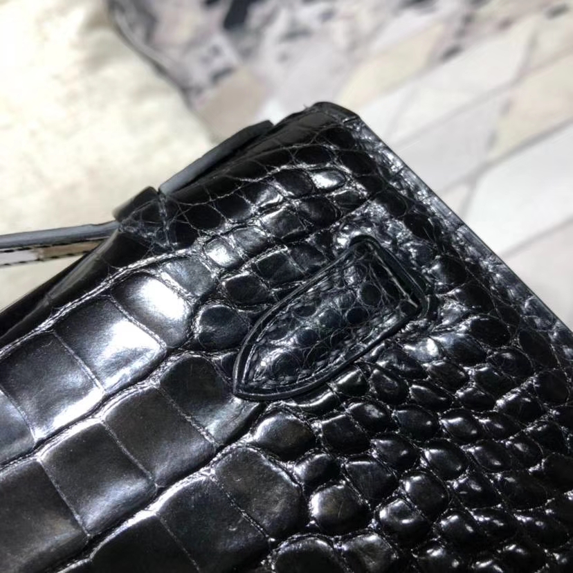 Hermes Mini Kelly 爱马仕黑色美洲鳄鱼皮迷你凯莉包手拿包 金扣