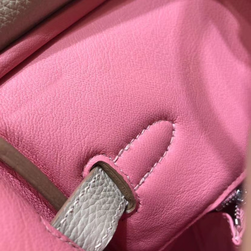 爱马仕拼色铂金包 Hermes Birkin35CM 珍珠灰内拼樱花粉Togo牛皮 银扣