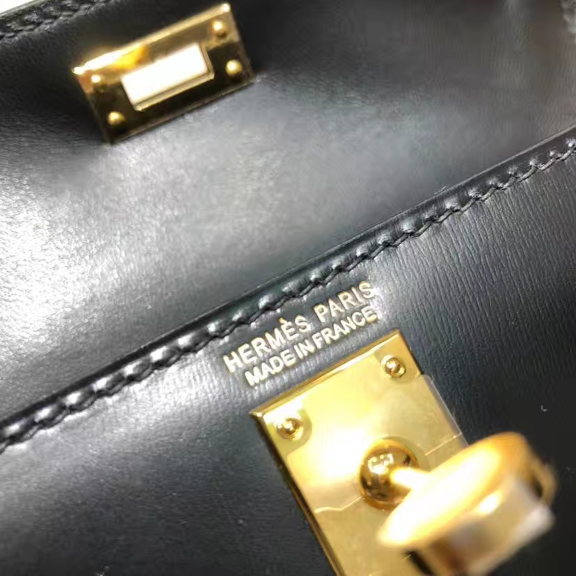 爱马仕迷你凯莉包2代 Hermes Minikelly2代 黑色原厂Box牛皮手包 金扣