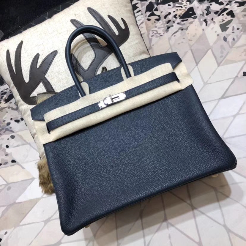 爱马仕铂金包尺寸 Hermes Birkin35CM 7K宝石蓝原厂Togo小牛皮 银扣