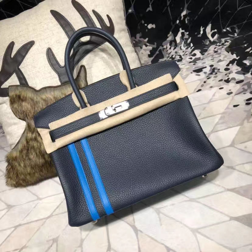 Hermes Birkin30CM 爱马仕午夜蓝Togo牛皮拼希腊蓝Swift皮拼色铂金包 银扣