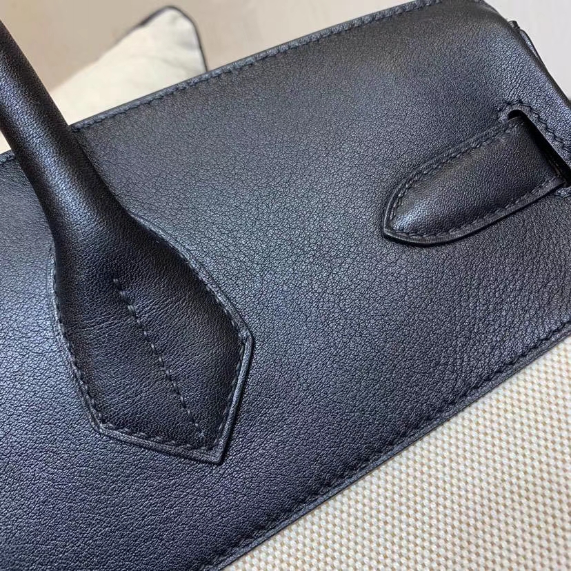 爱马仕新款包包 Hermes HAC 黑色Swift牛皮拼帆布手提包40*45CM 银扣