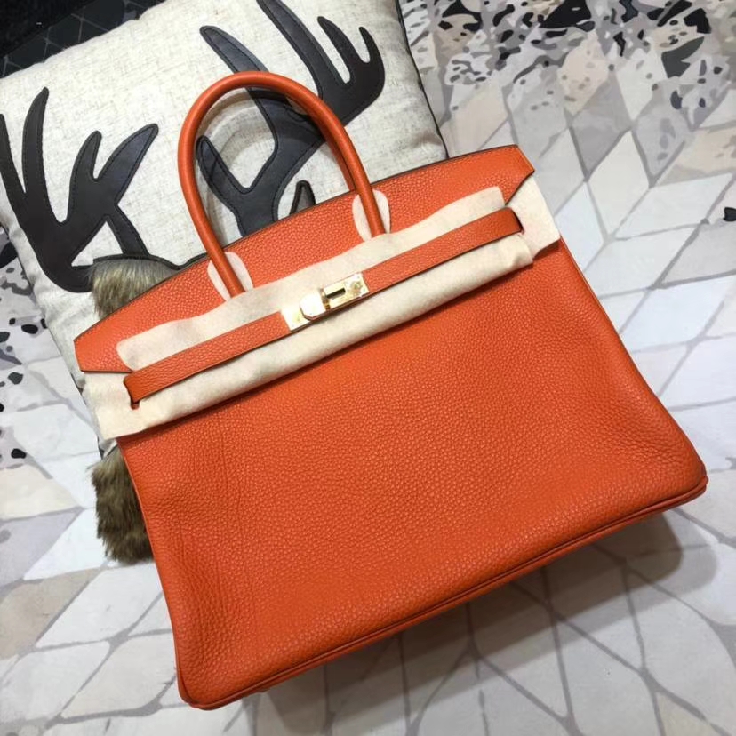 Hermes Birkin35CM 爱马仕法国Togo小牛皮铂金包 橙色 金扣