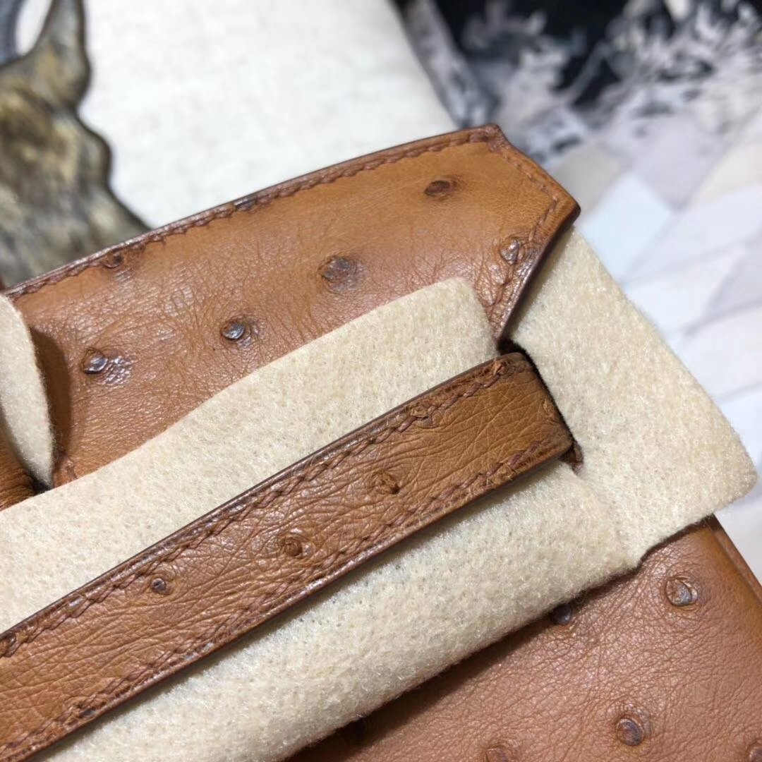 爱马仕铂金包价格 Hermes Birkin25CM 土黄色顶级鸵鸟皮 银扣