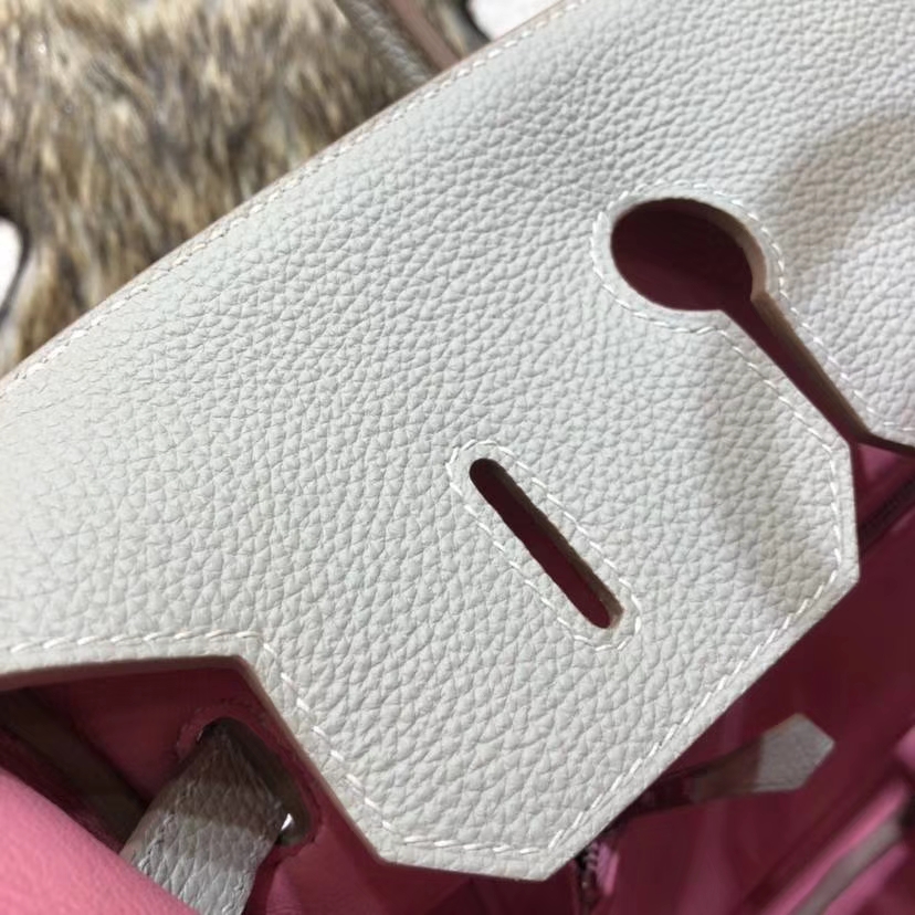 爱马仕拼色铂金包 Hermes Birkin35CM 珍珠灰内拼樱花粉Togo牛皮 银扣