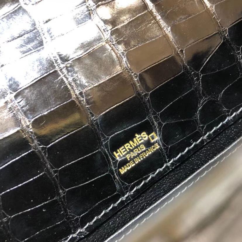 Hermes Mini Kelly 爱马仕黑色美洲鳄鱼皮迷你凯莉包手拿包 金扣