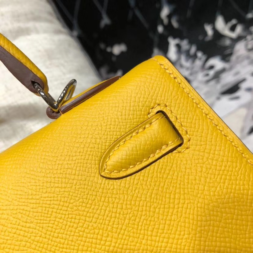 Hermes Kelly25CM 爱马仕琥珀黄原厂Epsom牛皮外缝凯莉包 银扣