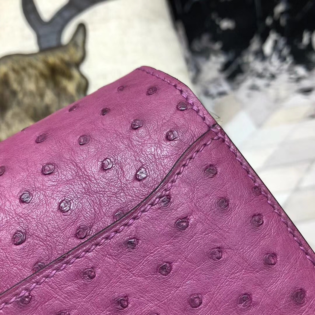 爱马仕猪鼻子包 Hermes Roulis18CM 海葵紫南非鸵鸟皮单肩斜挎包 金扣