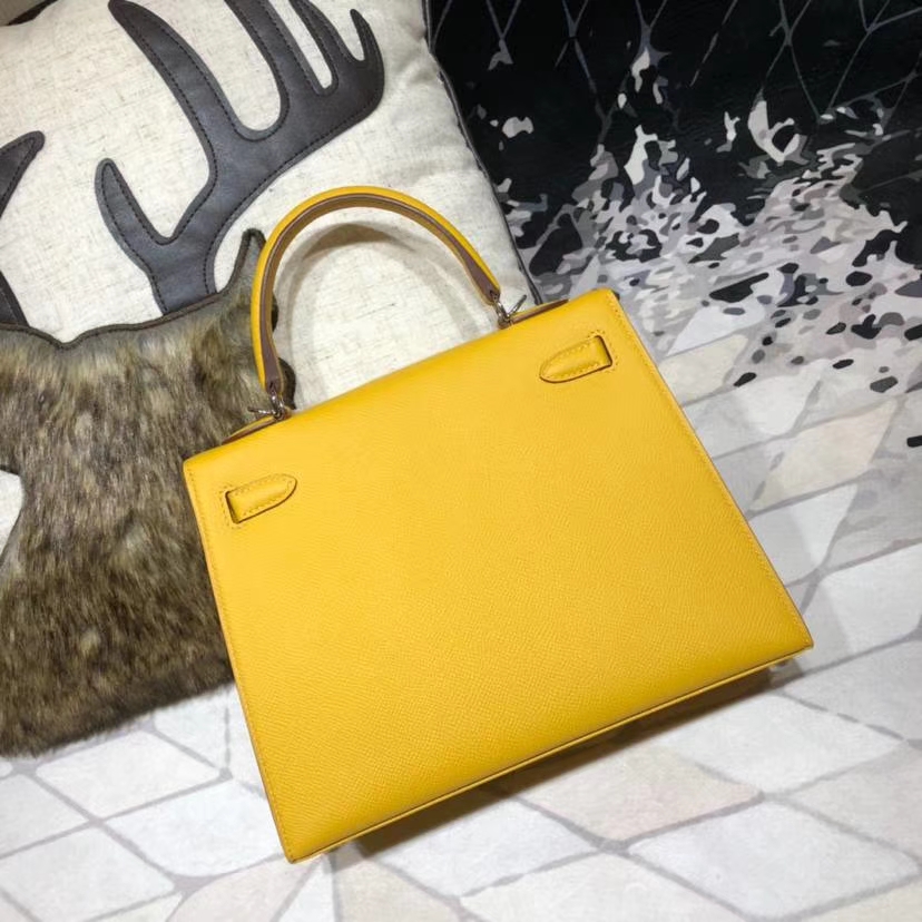 Hermes Kelly25CM 爱马仕琥珀黄原厂Epsom牛皮外缝凯莉包 银扣