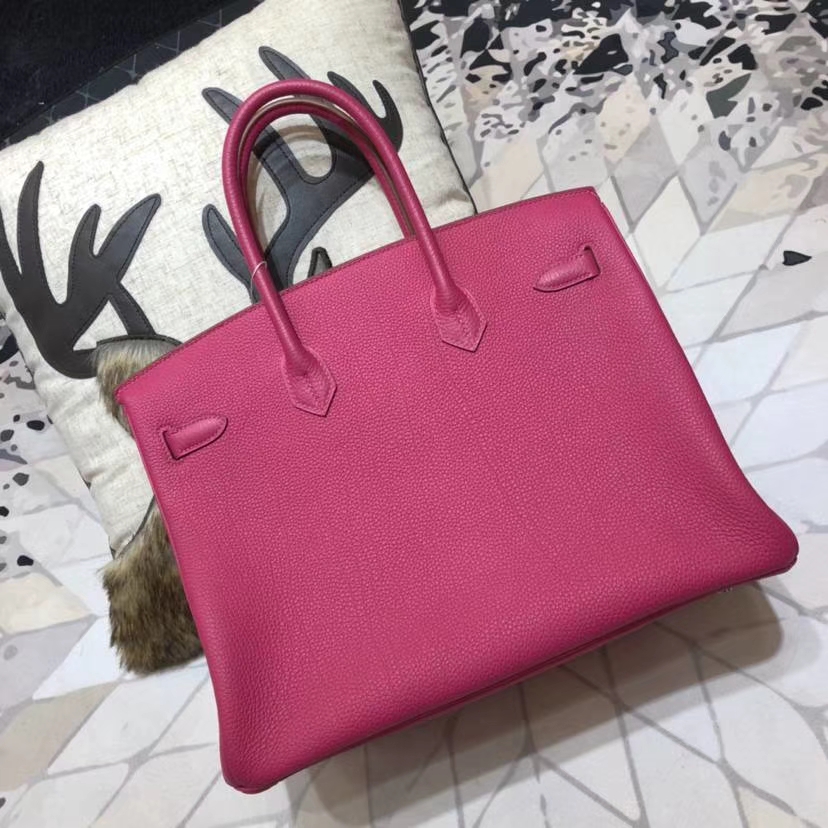 爱马仕Birkin女包 Hermes玫红色原厂Togo小牛皮Birkin35铂金包 银扣