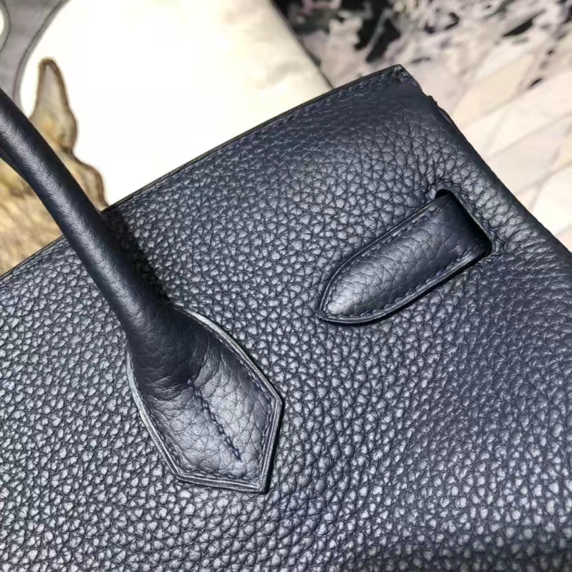Hermes Birkin30CM 爱马仕午夜蓝Togo牛皮拼希腊蓝Swift皮拼色铂金包 银扣