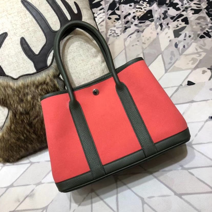 Hermes Garden Party30CM 爱马仕黑色牛皮拼红色帆布花园包手提女包