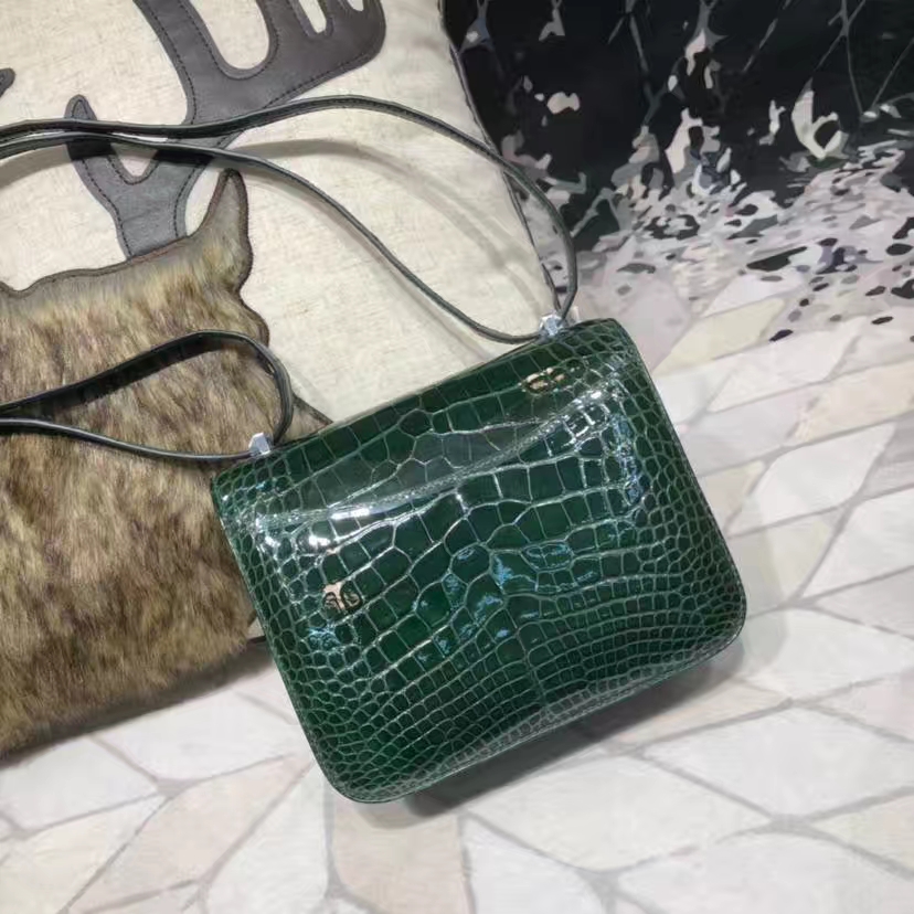 Hermes Constance19CM 爱马仕祖母绿美洲鳄鱼皮空姐包 蜥蜴扣