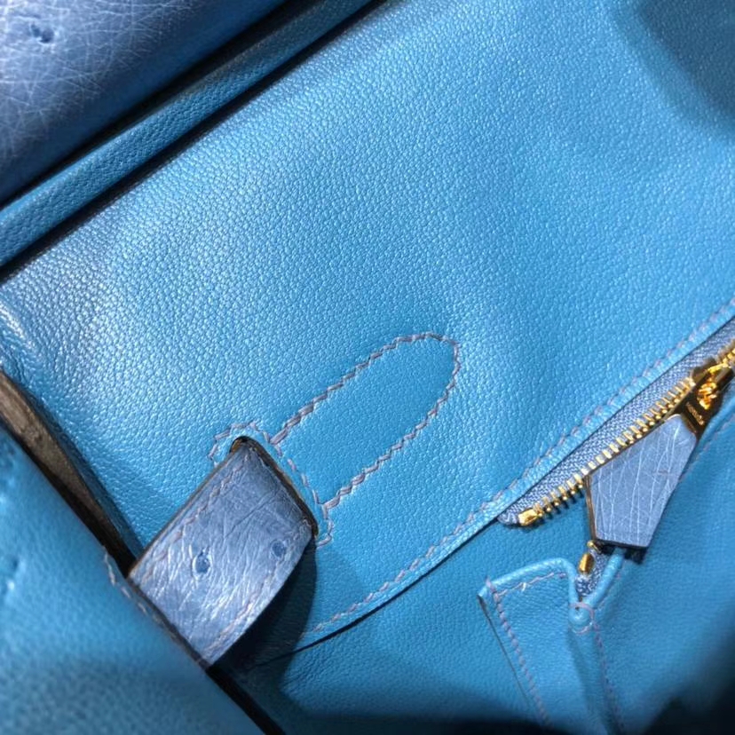 Hermes Birkin35CM 爱马仕玛瑙蓝南非鸵鸟皮铂金包 金扣