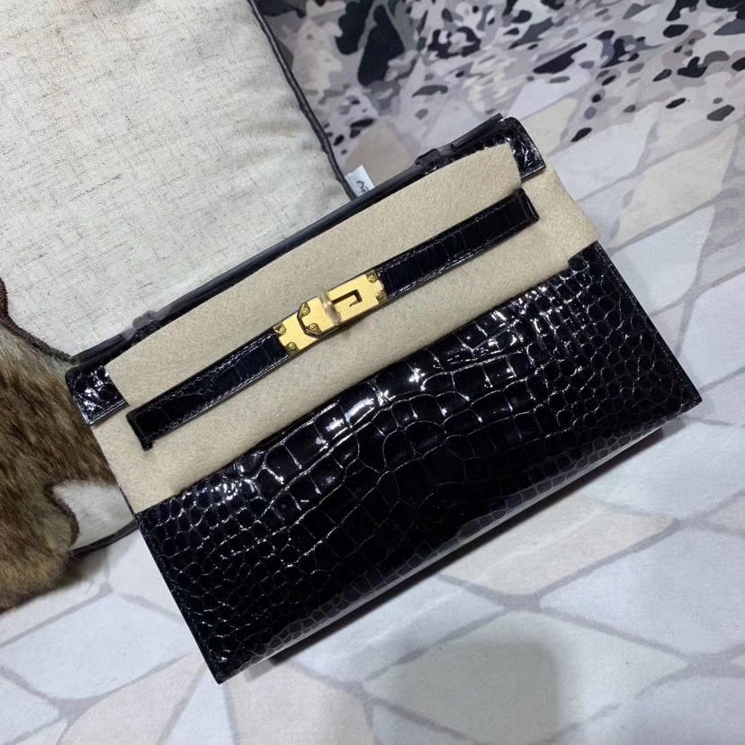 Hermes Minikelly22CM 爱马仕黑色亮光美洲鳄鱼皮迷你凯莉包 金扣