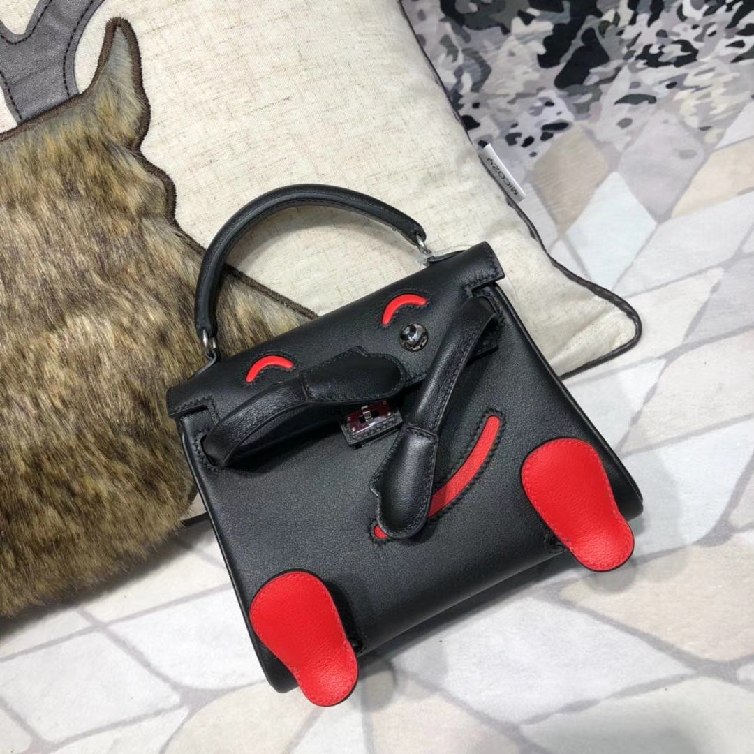 爱马仕新款女包 Hermes Kelly Doll 黑色原厂Swift牛皮凯莉娃娃包 银扣