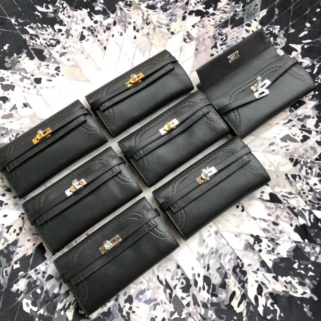 爱马仕新款钱包 Hermes Kelly Wallet Ghillies 黑色Swift牛皮蕾丝凯利钱夹
