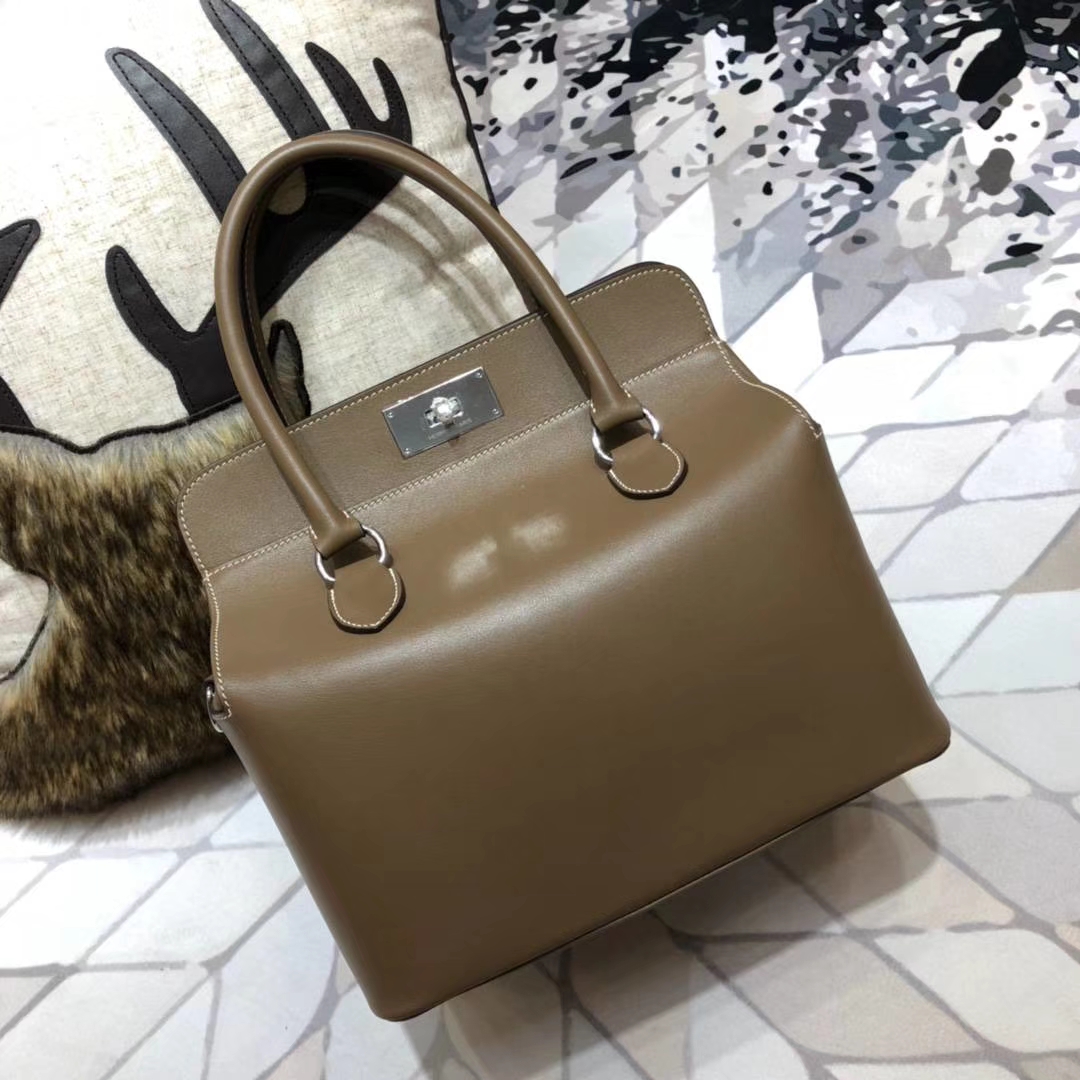 Hermes Toolbox26CM 爱马仕大象灰顶级Swift牛皮牛奶包手提女包 银扣