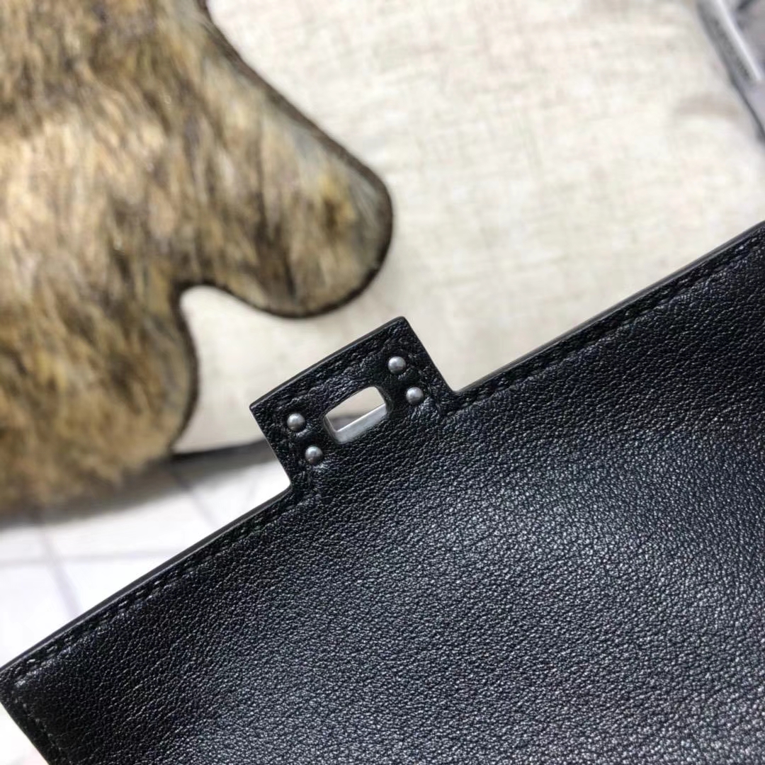 爱马仕新款女包 Hermes Kelly Doll 黑色原厂Swift牛皮凯莉娃娃包 银扣