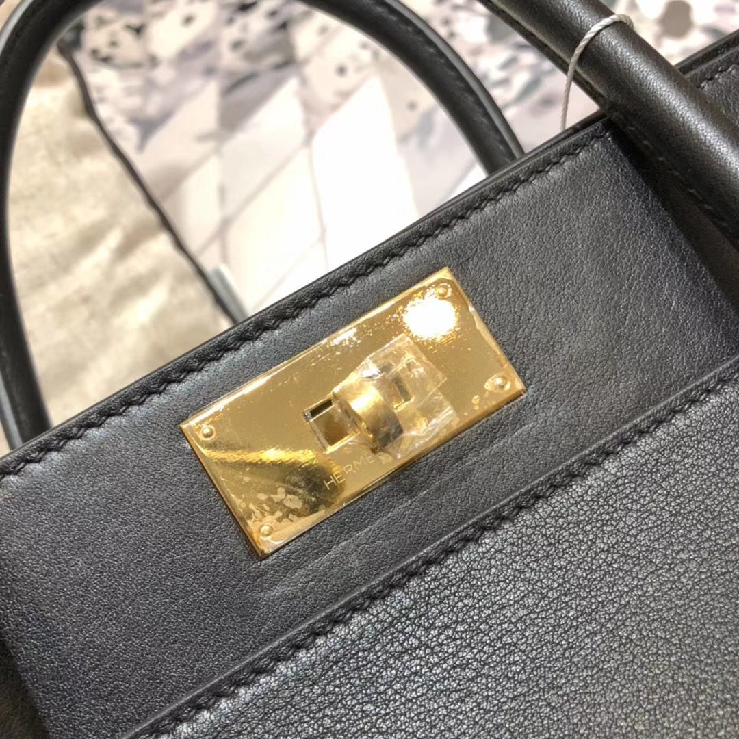 爱马仕女包价格 Hermes Toolbox26CM 黑色swift牛皮牛奶包 金扣