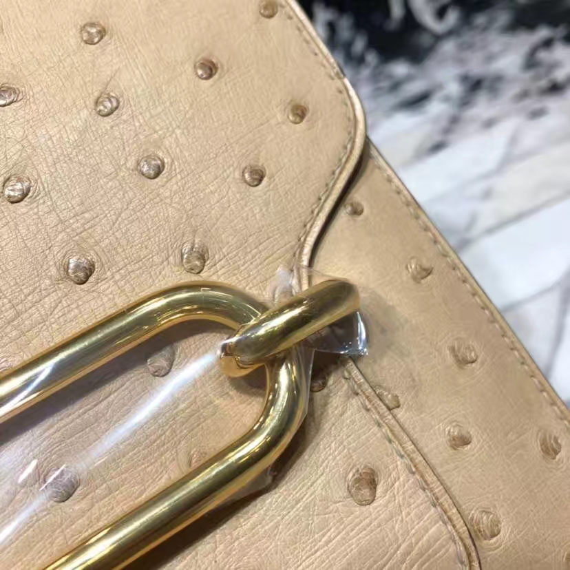 Hermes Roulis24CM 爱马仕羊毛白进口南非鸵鸟皮猪鼻子包斜挎女包  金扣