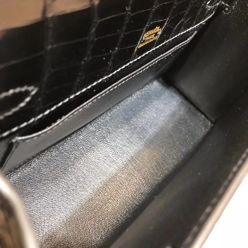 Hermes Mini Kelly 爱马仕黑色美洲鳄鱼皮迷你凯莉包手拿包 金扣