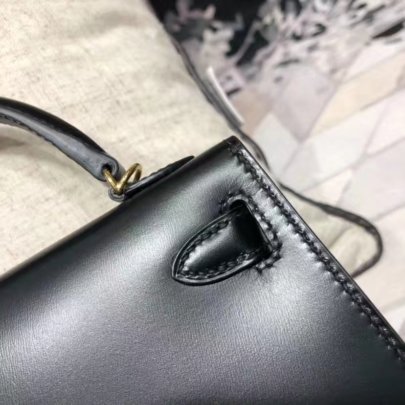 爱马仕迷你凯莉包2代 Hermes Minikelly2代 黑色原厂Box牛皮手包 金扣