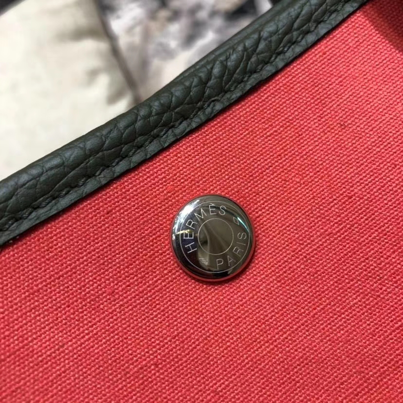 Hermes Garden Party30CM 爱马仕黑色牛皮拼红色帆布花园包手提女包
