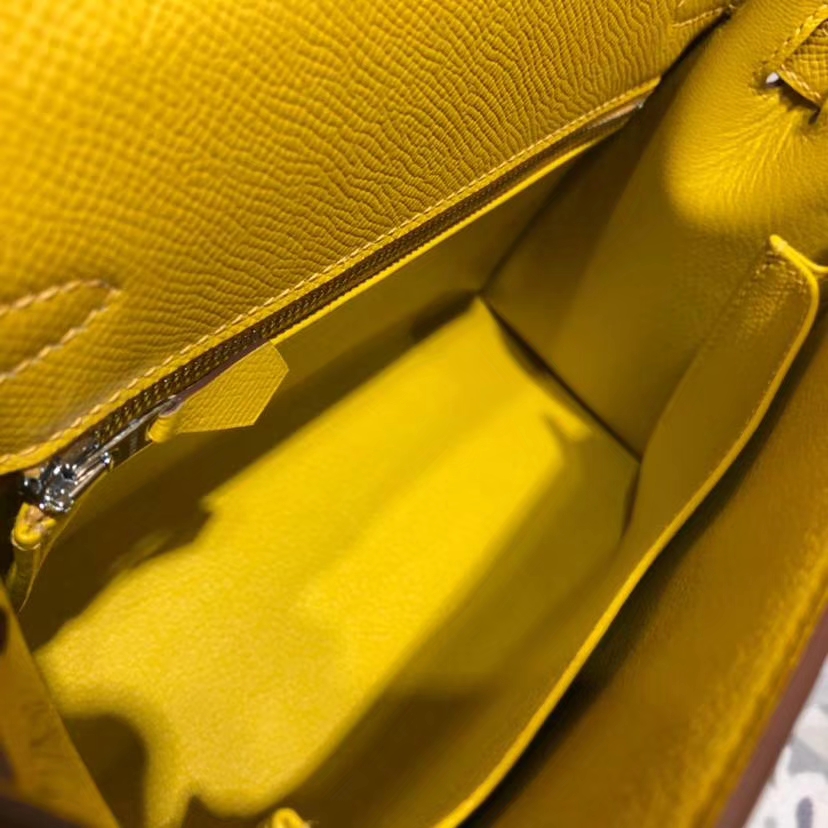 Hermes Kelly25CM 爱马仕琥珀黄原厂Epsom牛皮外缝凯莉包 银扣