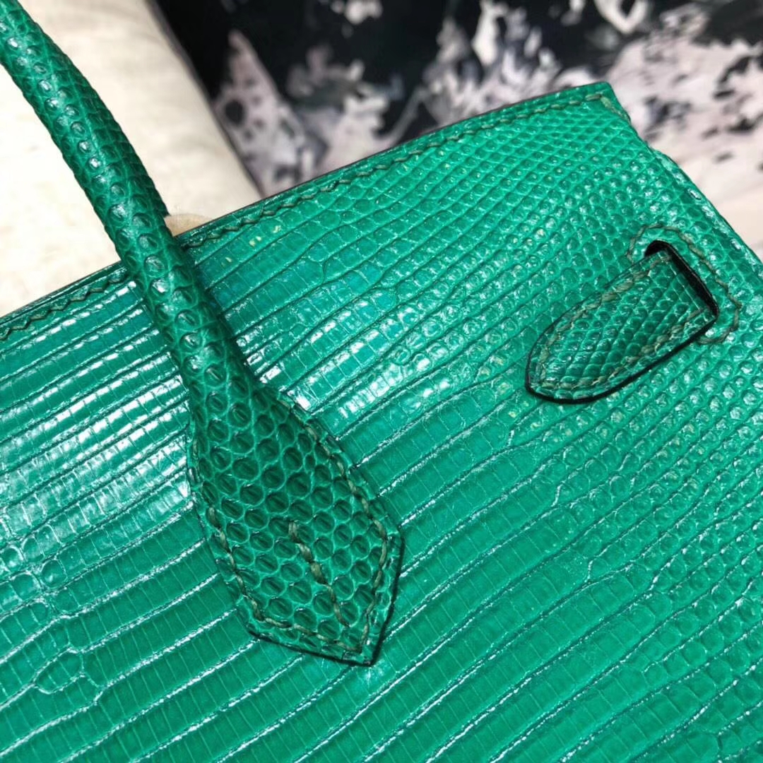 Hermes Birkin25CM 纯手工爱马仕草绿色顶级蜥蜴皮铂金包 金扣