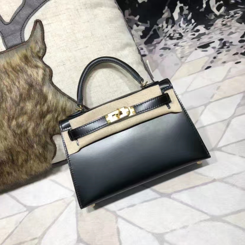 爱马仕迷你凯莉包2代 Hermes Minikelly2代 黑色原厂Box牛皮手包 金扣