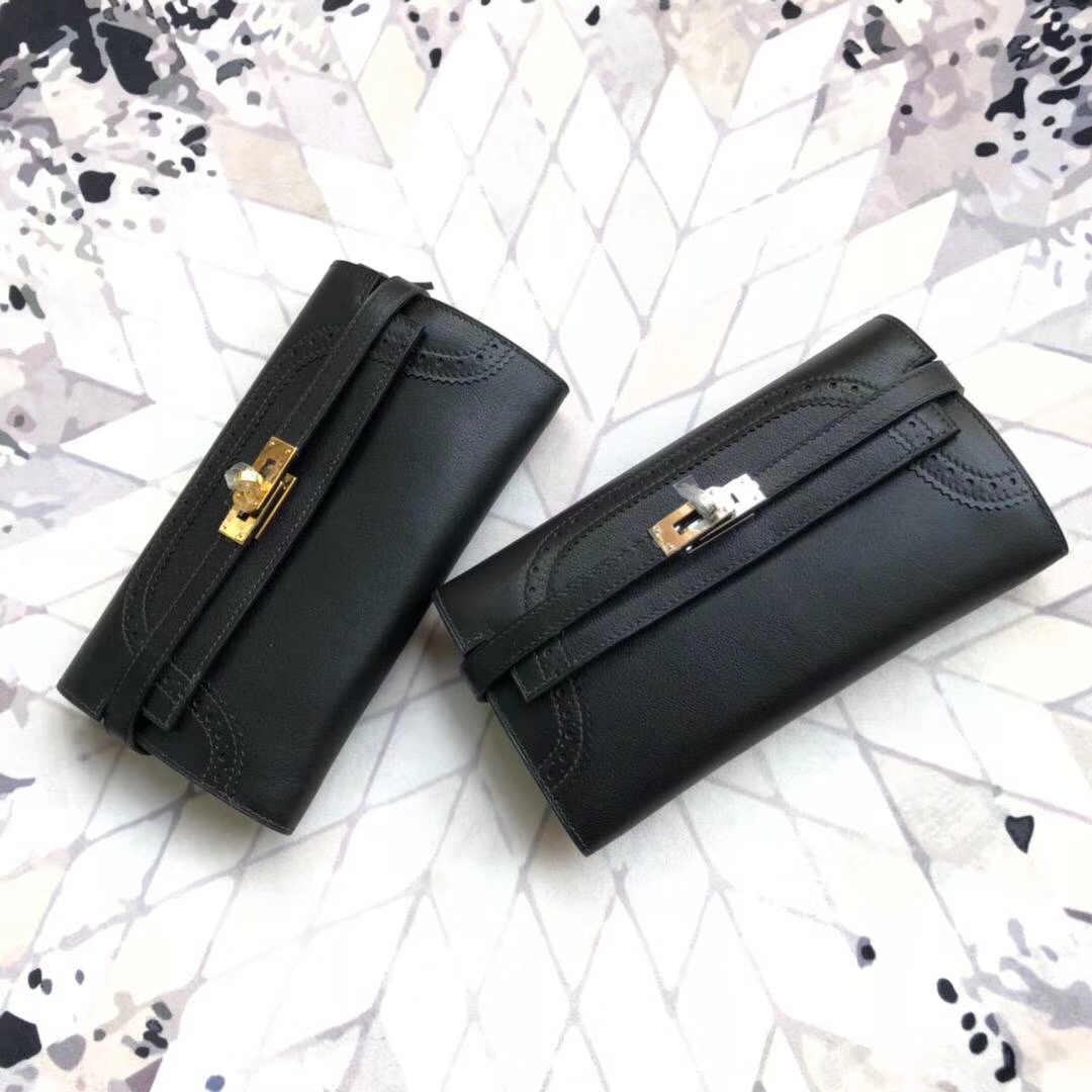 爱马仕新款钱包 Hermes Kelly Wallet Ghillies 黑色Swift牛皮蕾丝凯利钱夹