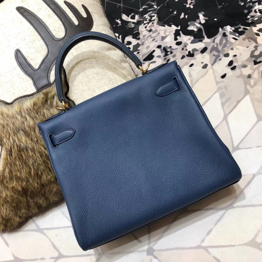 爱马仕Kelly包包 Hermes原厂Togo小牛皮凯莉包Kelly28CM 73宝石蓝 金扣