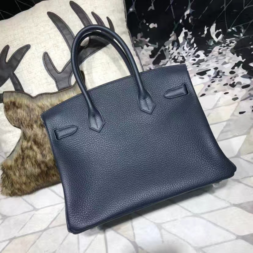 Hermes Birkin30CM 爱马仕午夜蓝Togo牛皮拼希腊蓝Swift皮拼色铂金包 银扣