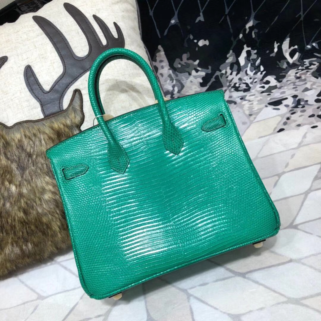 Hermes Birkin25CM 纯手工爱马仕草绿色顶级蜥蜴皮铂金包 金扣