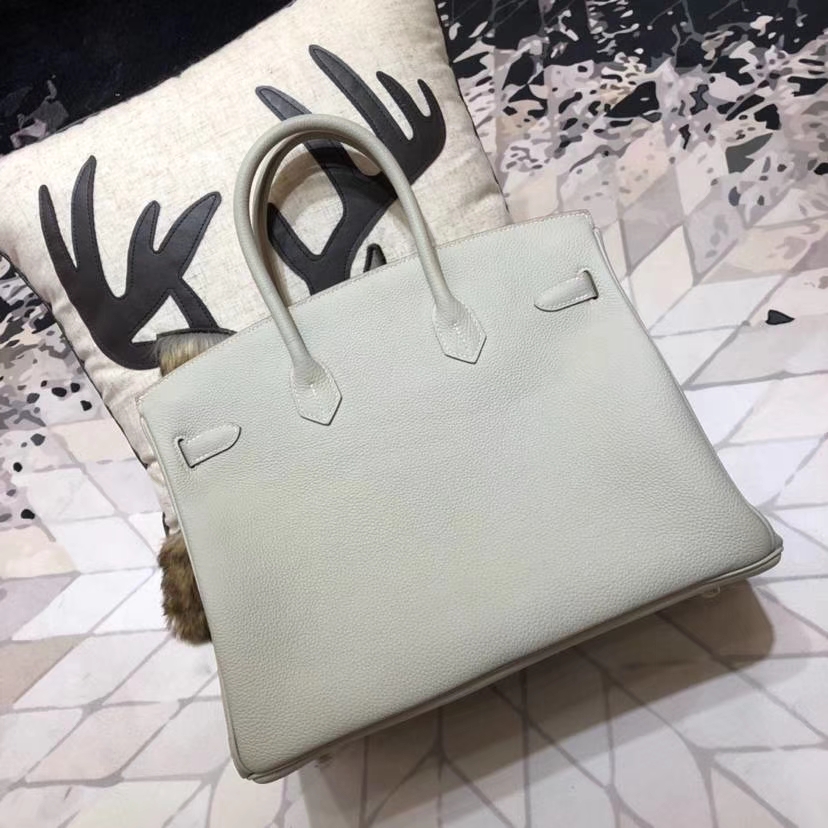 爱马仕拼色铂金包 Hermes Birkin35CM 珍珠灰内拼樱花粉Togo牛皮 银扣