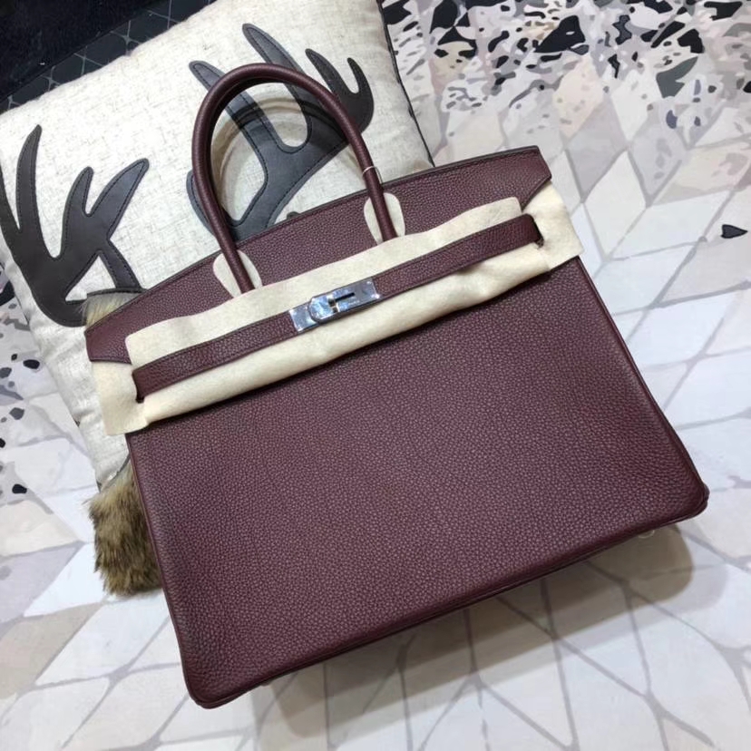 Hermes包包官网 爱马仕57波尔多酒红法国Togo小牛皮铂金包Birkin35CM 银扣