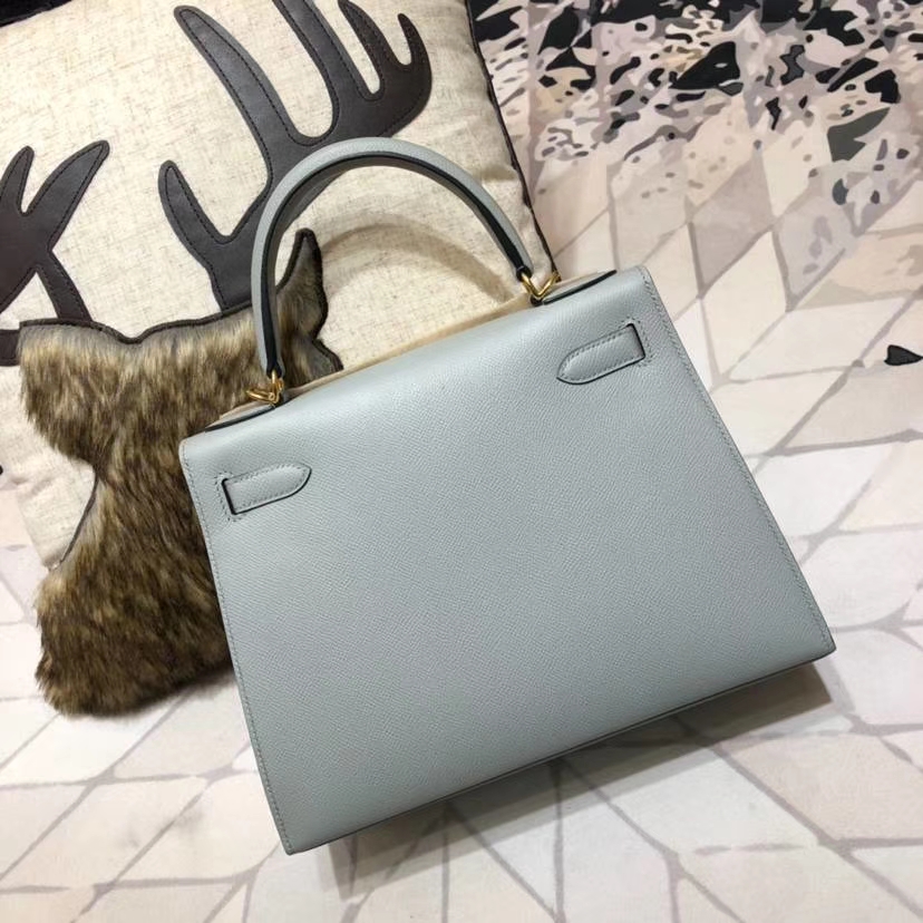 Hermes Kelly28CM 爱马仕冰川灰顶级Epsom牛皮外缝凯莉包 金扣