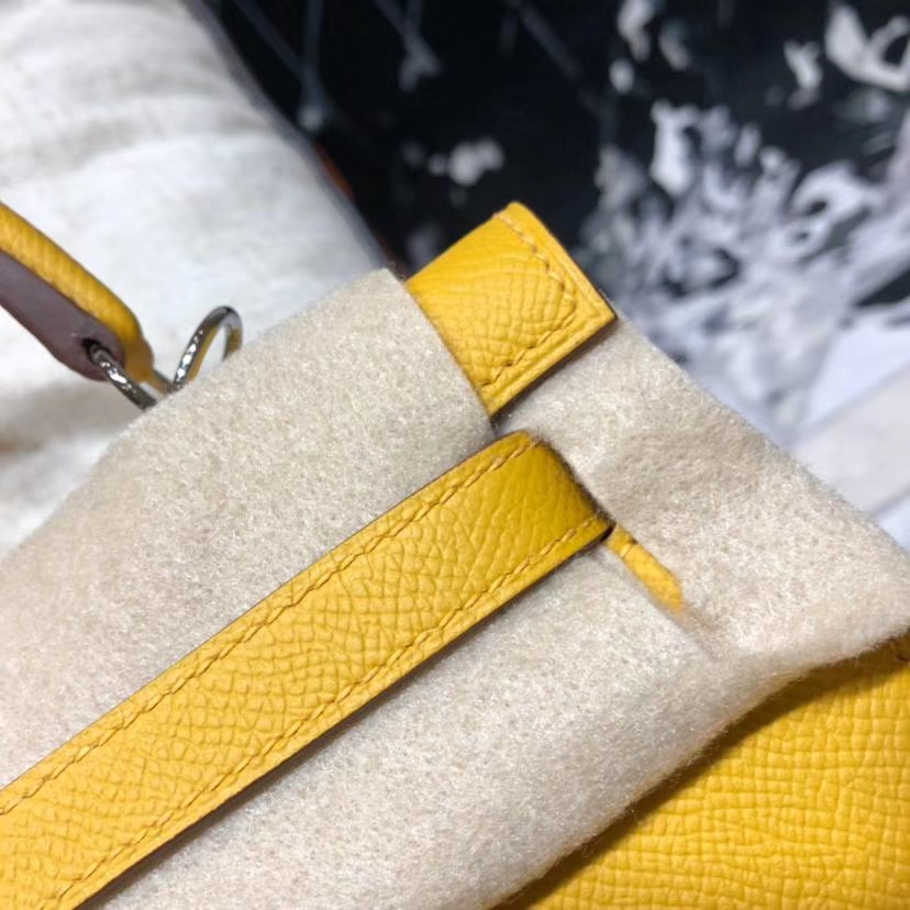 Hermes Kelly25CM 爱马仕琥珀黄原厂Epsom牛皮外缝凯莉包 银扣