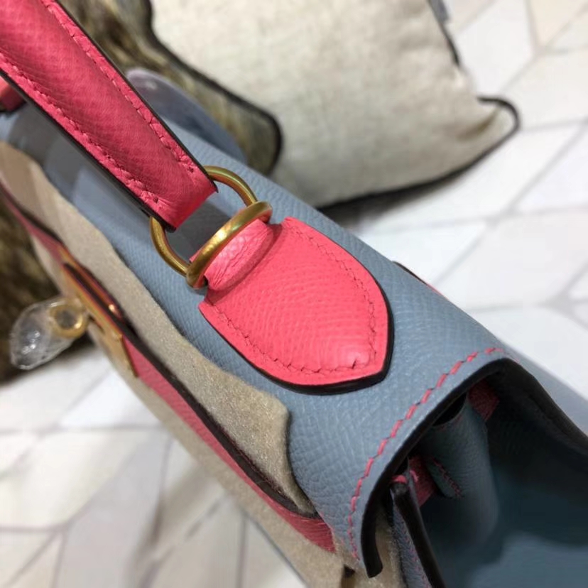 爱马仕拼色凯莉包 Hermes Kelly28CM 冰川蓝拼唇膏粉Epsom牛皮 金扣