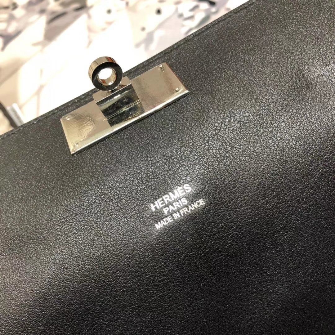 爱马仕牛奶包 Hermes Toolbox26CM 黑色原厂Swift牛皮手提女包 银扣