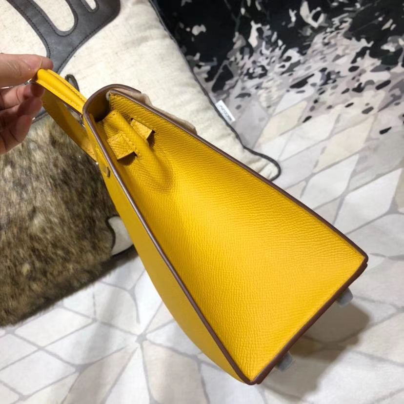 Hermes Kelly25CM 爱马仕琥珀黄原厂Epsom牛皮外缝凯莉包 银扣