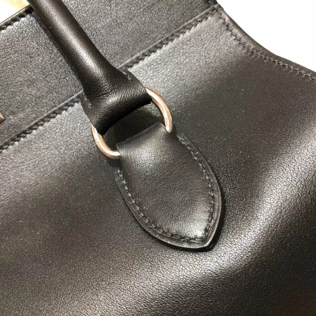 爱马仕牛奶包 Hermes Toolbox26CM 黑色原厂Swift牛皮手提女包 银扣