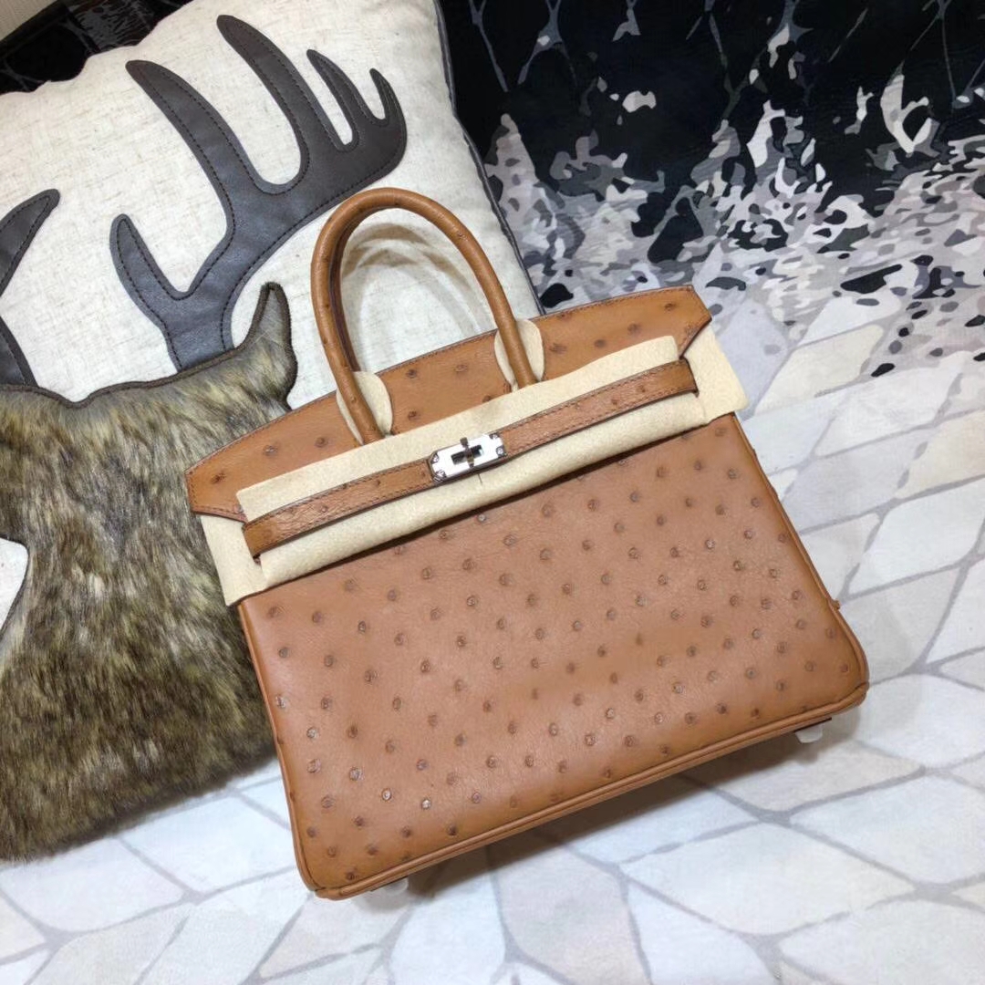 爱马仕铂金包价格 Hermes Birkin25CM 土黄色顶级鸵鸟皮 银扣