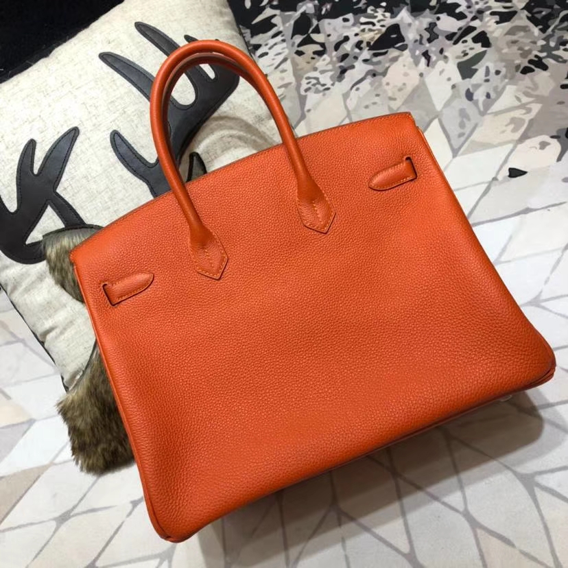 爱马仕包包官网 Hermes Birkin35CM 橙色原厂小牛皮铂金包 银扣